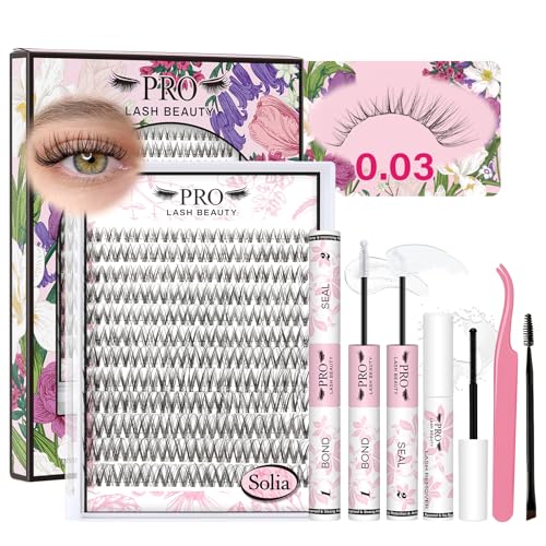 PROLASHBEAUTY Natural Lash Clusters Kit Wispy Lash Clusters Invisible Band with Clear Lash Bond and Seal Lash Tweezer Lash Remover Eyelash Clusters Kit Waterproof Easy to Apply (Solia,8-16mix)