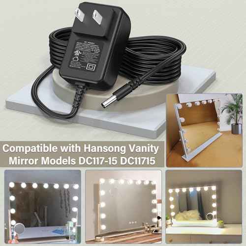 12V 2A Vanity Makeup Mirror Charger Compatible with Hansong Make-up Mirror Power Cord AC Adapter for Hansong DC117-15 DC11715 Bedroom Light Up Vanity Mirror Charging Plug 12VDC 2000mA 12.0V DC12V