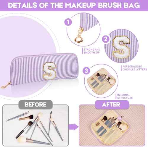 Initials Makeup Bag Set, Personalized Purple Cosmetic Bag, Cute Large Make up Bags, Travel Toiletry Bag for Women Girl Gifts A (Purple)