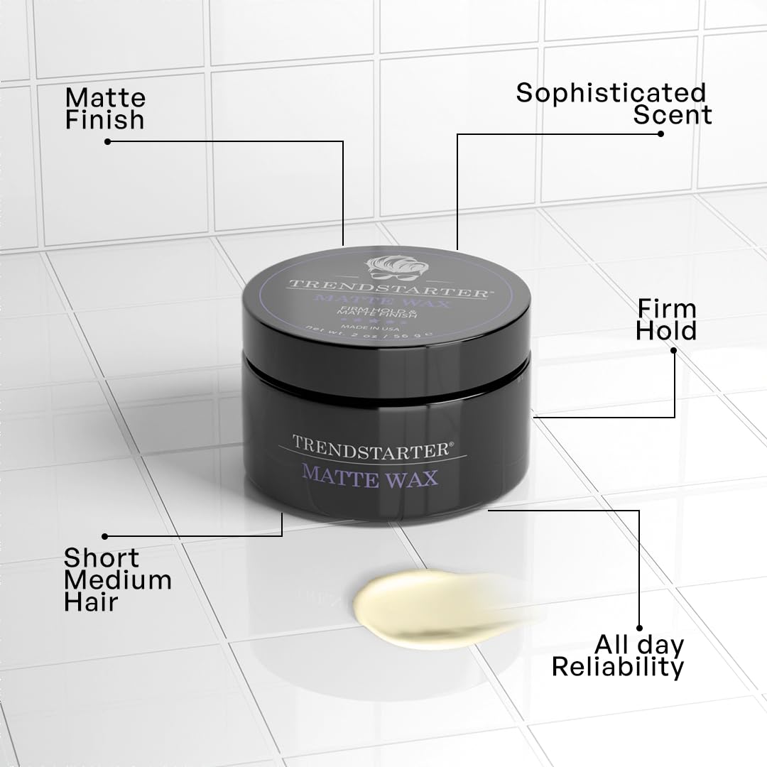 TRENDSTARTER - MATTE WAX (2oz) - Travel Size - Firm Hold - Matte Finish - Mens Hair Products – Premium Water Based All-Day Hold Hair Styling Pomade – Flake-Free Styling Wax for All Hair Types