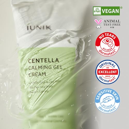 IUNIK Centella Calming Gel Cream Vegan Non-Sticky Moisturizing Blemish Care w/Centella Asiatica Tea Tree Soothes Acne Rosacea Oily & Sensitive Skin Korean Skincare