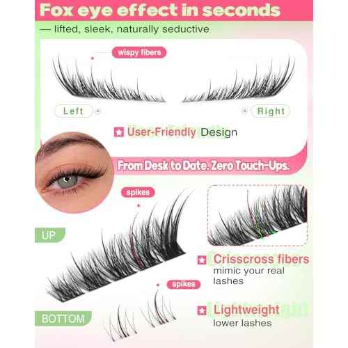 Fox Eye Lash Clusters Wispy Eyelash Clusters Kit Natural Lash Extensions Foxy Cluster Eyelash Extensions Spiky Individual Eyelashes Extension Kit with Lash Bond and Seal, Lash Tweezers