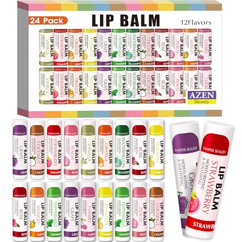 AZEN 24 Pack Lip Balm Stocking, Natural Lip Balm Bulk, Moisturizing Lip Balm for Dry Lips