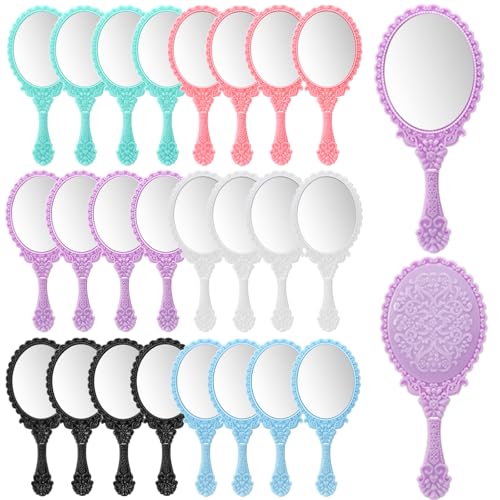 Goaste 24 Pack Vintage Handheld Mirror, Portable Embossed Flower Mirror, Hand Held Decorative Mirrors for Face Makeup, Travel, Camping, Home, Assorted Colors, 7"¡¿3"
