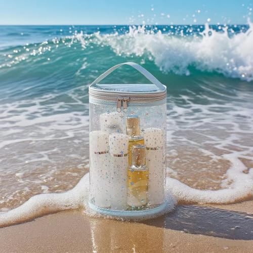 Clear Star Lotion Cylinder Bag for Toiletry,Waterproof PVC Sunscreen Travel Makeup Bag,Top Handle Cosmetic Bag Gift for Beach and Pool(02Light Blue)