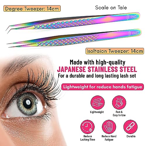 2pcs Curved & Straight Isolation Tweezers for Eyelash Extensions ? 14cm Japanese Stainless Steel, Diamond Grip Non Slip Grip, Rainbow Set, Best for Classic & Individual Lashes