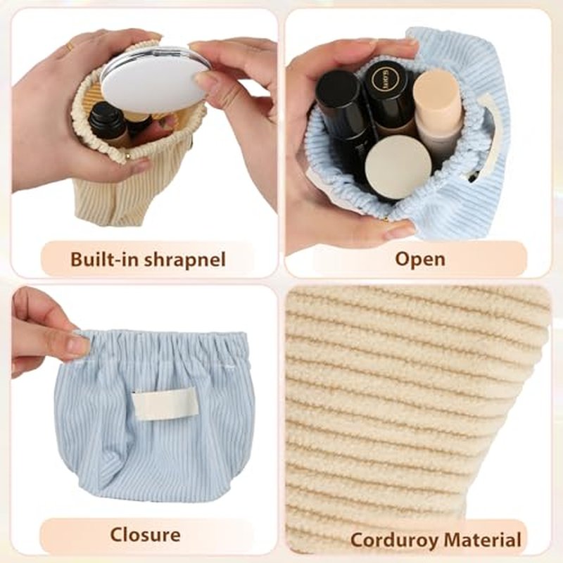 7-IN-1 Corduroy Makeup Bag Set (6 Bags + 1 Mirror), Squeeze-to-Open Mini Pouch for Purse, No-Zipper Corduroy Cosmetic Bag for Hair Ties & Lipsticks, Aesthetic Travel Organizer for Women