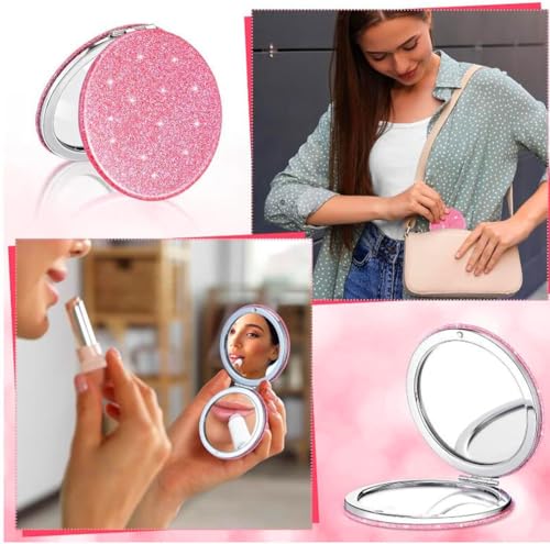Pink Round Compact Travel Mirror with Magnification - Foldable Pocket Makeup Mirror for Women - Pink-Variation