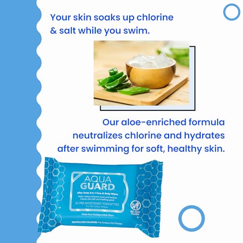 AQUA GUARD After-Swim Face & Body Wipes | Neutralize chlorine scent and residue | Moisturizing RINSE-FREE Formula (1 Pack of 25)