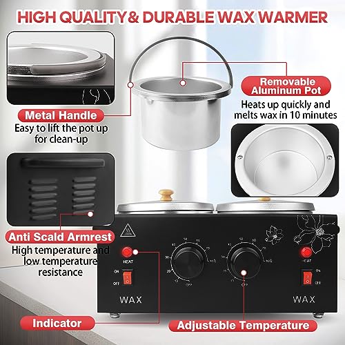 Wax Warmer for Hair Removal, Professional Waxing Heater Pot with Adjustable Temperature for Women Men, with 20 Wooden Wax Sticks (Black-Double Pots)