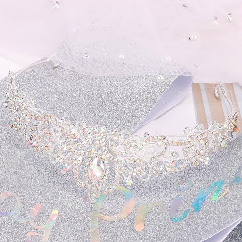 SuPoo AB Silver Birthday Princess Birthday Sash and Crown Set Birthday Girl Crown Rhinestone Tiara for Women Crystal Headband Happy Princess Birthday Party Decorations Headpieces Hair Accessories