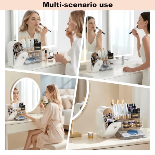 RONGZHIERK Makeup Organizer for Vanity with Brush Holder (White) – Large 2 Drawers