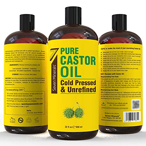 Seven Minerals Cold Pressed Castor Oil 32oz - Unrefined & Hexane Free for Hair, Skin & Wellness
