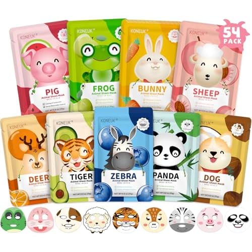 54 Pack Animal Kids Face Mask Spa, Bulk Collagen Hydrating Sheet Face Masks Skincare for Girls Teens, Easter Basket Stuffers, Birthday Gifts, Mothers Day Gifts for Mom