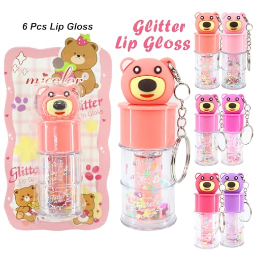 6Pc Hydrating Lip Gloss Set – Bear Design Shimmer & Sequins