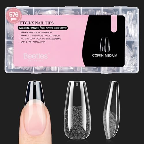 Beetles Gel Nail Tips Medium Coffin A- Coffin M 576PCS - Pre-etched, Strong & Durable Fake Nails for DIY Manicure