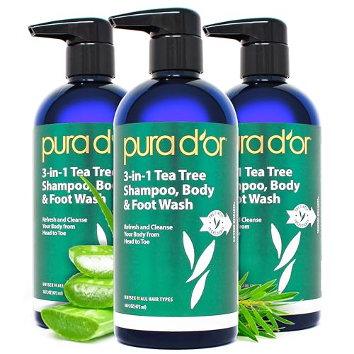 PURA D'OR 3-in-1 Tea Tree Shampoo, Body & Foot Wash, Shampoo (16oz x3 = 48oz) Total Body Care - Foot Odor & Daily Hygiene, Cleansing Routine, Post-Workout Refreshment - Soothes, Invigorates, Nourishes