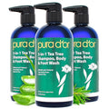 PURA D'OR 3-in-1 Tea Tree Shampoo, Body & Foot Wash, Shampoo (16oz x3 = 48oz) Total Body Care - Foot Odor & Daily Hygiene, Cleansing Routine, Post-Workout Refreshment - Soothes, Invigorates, Nourishes