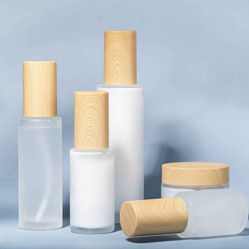 2PCS 120ml/4oz Empty Clear Frosted Glass Cosmetic Lotion Bottle with Plastic Wood-Grain Lid Refillable Travel Toiletries Container Pump Dispenser Vials Pot Jars for Foundation Emulsion Oil (Pack of 2)