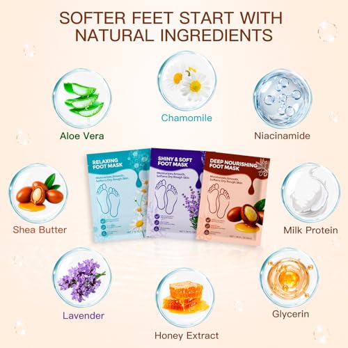 QUNGCO Moisturizing Foot Mask Socks - Hydrating & Softening for Dry Cracked Feet, Pack of 3