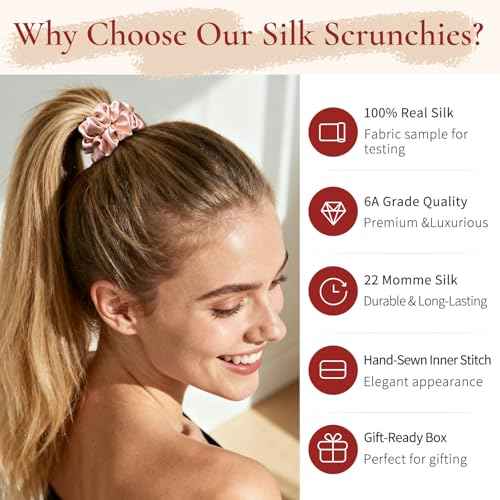 Silk Hair Ties 6A 100% Mulberry Silk Scrunchies 22 Momme Small Sleep Ties and No Damage No Crease for Women Girls Curly Thick Thin Hair, Christmas gift (Red & Dark green & Beige)