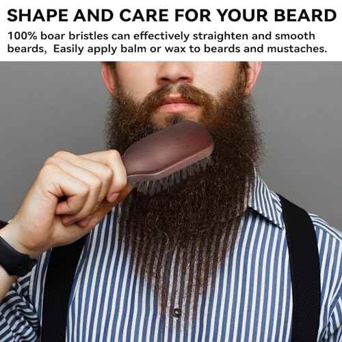 Beard Brush for Men Smooths Softens Beard and Exfoliates Skin and Scalp, 100% Boar Bristle Hair Brush for Beard & Short Hair Detangle add Natural Shine