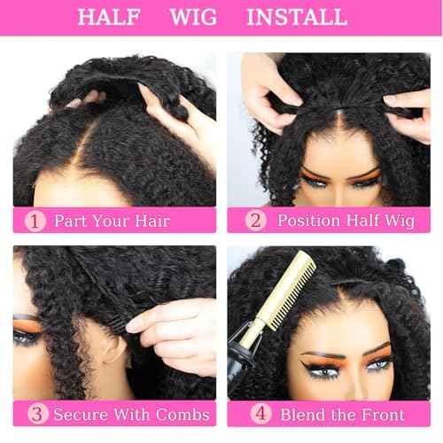 Half Wig Human Hair Afro Kinky Curly Wigs for Black Women 200 Density Glueless Wigs 100% Human Hair Ready to Go 3 In 1 Seamless Flip Over Drawstring Headband Wig for Women Clip in No Sew In 22 Inch