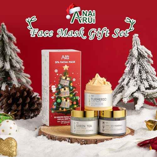 ANAI RUI 3 Pack Face Mask Gift Set,Christmas Facial Mask Set,Turmeric Clay Mask - Green Tea Mud Mask - Dead Sea Minerals Mud Mask Stocking Stuffers for Women &Teen Girl 2.5 oz each