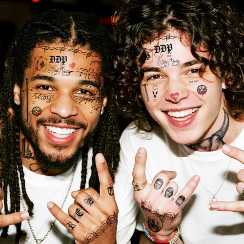 4 Sheets Cosplay Rapper-Inspired Temporary Tattoos ? Face Tattoo Stickers for Men, Women and Kids ? Hip-Hop Style Fake Tattoos for Cosplay, Halloween, and Parties