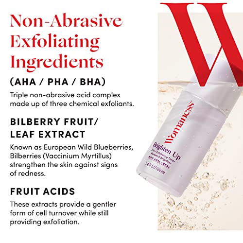 Womaness Brighten Up Face Exfoliating Toner & Dark Spot Treatment - AHA BHA Hydrating Toner, Gentle Pore Cleaner + Liquid Exfoliant for Dull, Dry Skin - Brightening PHA Toner for Women (3.4oz)