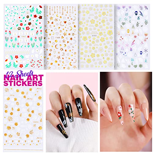 Teenitor Nail Stickers, 12 Sheets Nail Art Stickers 3D Self-Adhesive and 5 Boxes Butterfly Nail Sequins Heart Glitter Foil Flakes Nail Fruit Slices Nail Decorations for Nail Art