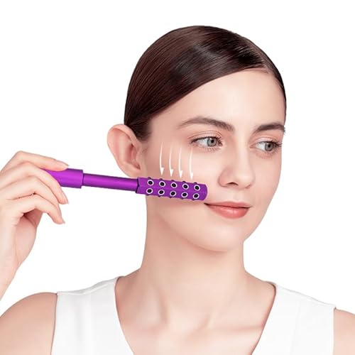 30-Stone Facial Roller - Cooling Face & Neck Massager Tool for Skin Rejuvenation | 360¡Æ Contouring with Germanium Stones & Aircraft Aluminum | Portable 7.6" Beauty Roller - Purple