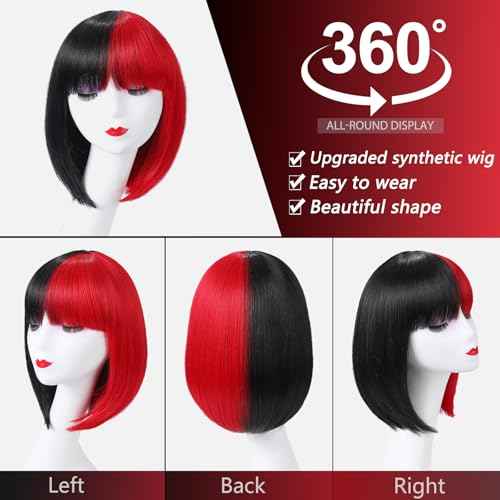 Half Red Half Black Wig with Bangs for Women 12 Inch Stright Color Bob Wigs Heat Resistant Synthetic Wig for Halloween Party Cosplay Wigs