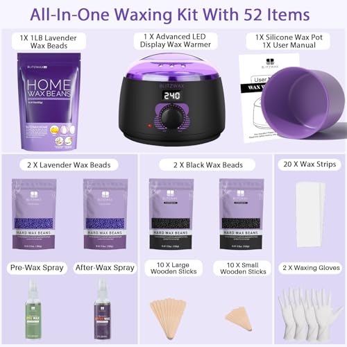 BLITZWAX Brazilian and Bikini Waxing Kit With 1lb Lavender Wax Beads, Hard Wax Warmer for Face, Legs and Body, At Home Hair Removal Kit, Beginner Friendly, Digital Fast Heating, 52 Wax Items