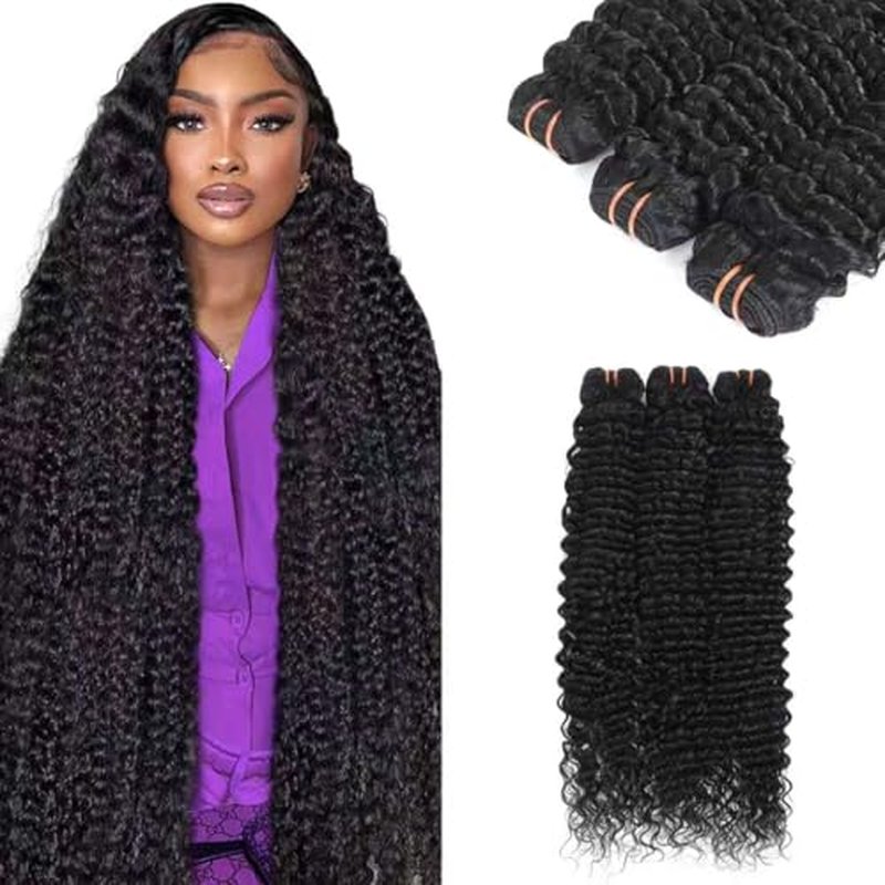 16A Deep Wave Human Hair Bundles - Brazilian Virgin Hair Extensions, Natural Black (20, 22, 24 Inch)