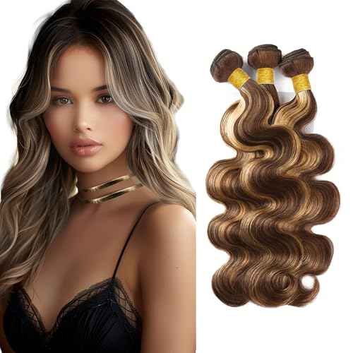 Ombre Brown Human Hair P4/613 Body Wave Human Hair Bundles Blonde Body Wave Brazilian Virgin Hair Two Tone #4 Brown and #613 Blonde Bundles Hair Weave 30 32 34 Inch
