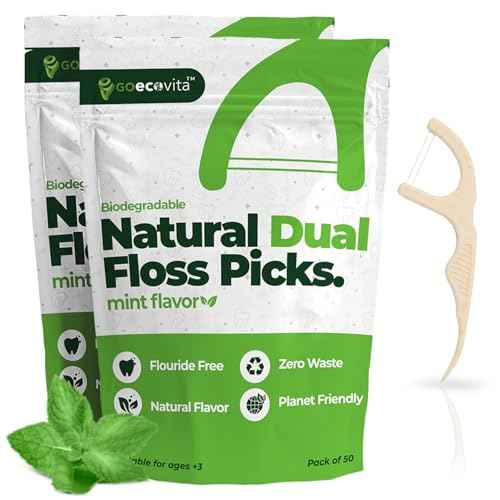 Biodegradable Dual Thread Floss Picks - Natural Straw Wheat Handle | Tight Gap Dental Flossers for Adults | Gentle on Gums & Teeth | Eco Friendly, Vegan, Natural (100 Pack, Mint)