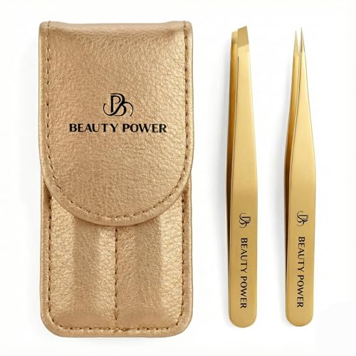 Professional Tweezers Set ? Slant & Point, Ultra Precision German Stainless Steel Tweezers for Eyebrows, Chin, Ingrown Hair & Facial Grooming ? Lightweight with Case - Gift Idea - Gold