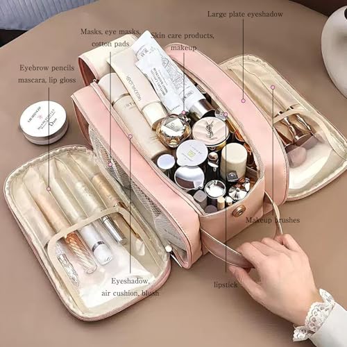 Cozomga Pink 3-Tier Large Capacity Cosmetic Makeup Bag Travel Organizer
