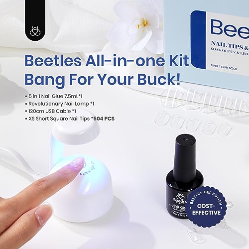 Beetles Gel Nail Tips Kit Square 500Pcs Pre-shaped Extra Short Square Nail Tips with 5 in 1 Mutipurpose Glue Gel Base Uv Led Nail Lamp Clear Full Cover Gell Tips DIY Manicure Art