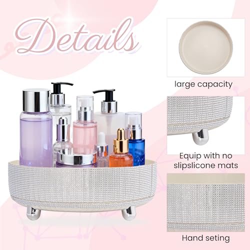 Rotating Bling Perfume Makeup Organizer, Rhinestone Cosmetic Display Cases with 2-Piece Set, 360¡Æ Spinning Bathroom Organizers for Countertop, Vanity Table | White