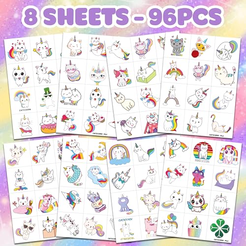 96 Pcs Caticorn Cat Temporary Tattoos Party Favors