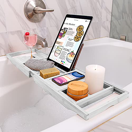 Homemaid Living Luxury Bamboo Bath Tray for Bathtub - Expandable Bathroom Caddy with Reading Rack or Tablet Holder, Premium Bath Tray with Wine Glass Holder, Fits All Bathtubs (White)