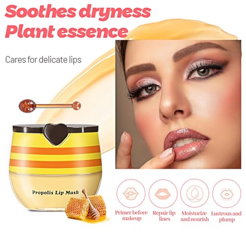 Bee Lip Balm Honey Pot, 4pcs Propolis Lip Mask Overnight Moisturizing Fruity Lip Balm with Stick, Hydrating Prevention Dry and Cracked Lip Scrubs Exfoliator Lip Care (Four flavors)