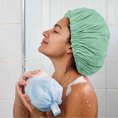 Reusable Shower Cap for Women, Large Waterproof Shower Essentials Bonnet Washable Elastic Band Bath Hair Wrap Hat for Long Hair, Braids(Green Bean)