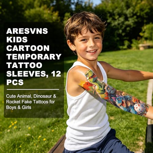Kids Temporary Tattoo Sleeves, 12 Pc Dinosaur & Cartoon Set