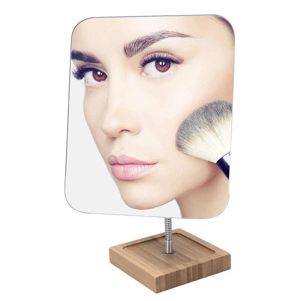 YEAKE Flexible Gooseneck Bamboo Vanity Makeup Mirror,360°Rotation 8" Large Frameless, Folding Portable Table Desk Mirror with Stand for Bathroom Shaving Make Up, Rectangle
