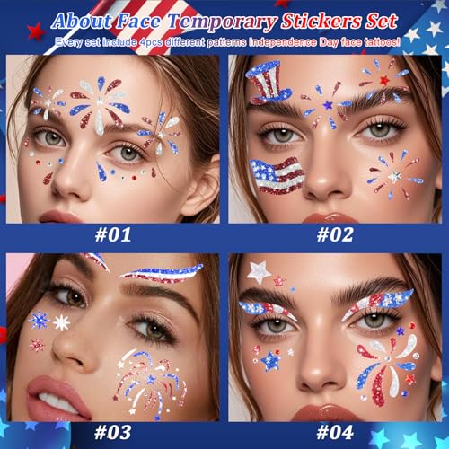 Boko 4th of July Patriotic Glitter Face Stickers, 4Pcs Red White Blue Temporary Tattoos, Self Adhesive Art Sticker Face Tattoos for Independence Day Memorial Day Veterans Day Flag Rave Party