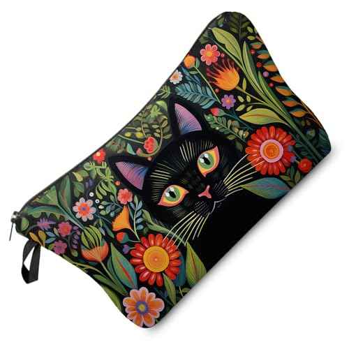 Black Cat Makeup Bag Mexican Folk Art Painting Small Organizer Zipper Pouch Floral Black Cat Kitten Print Cosmetic Bag Present for Women Friends