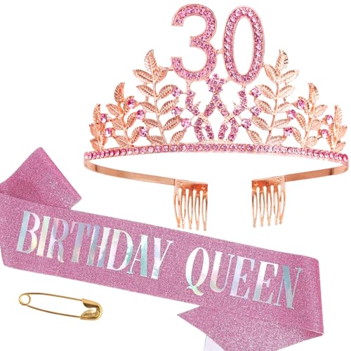 Rose Gold Birthday Queen Tiara and Sash Set with Rhinestones